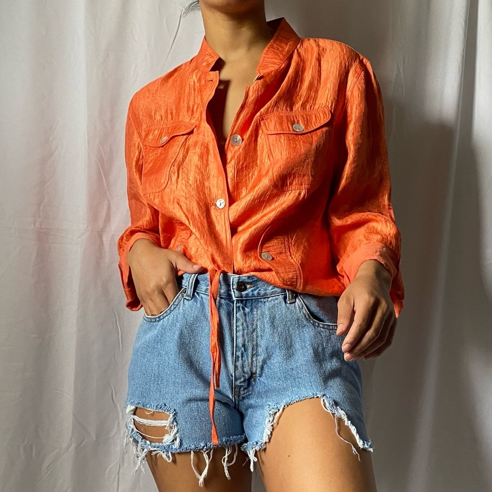 Shiney Orange crop blouse with mother of pearl buttons size medium